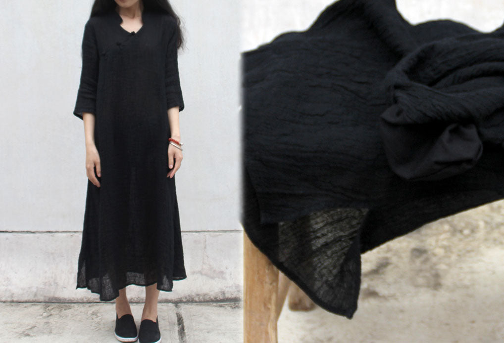 edoa Texture Linen Black Qipao Dress