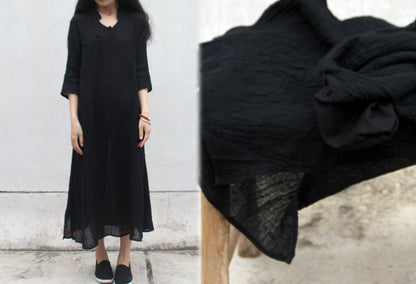 edoa Texture Linen Black Qipao Dress