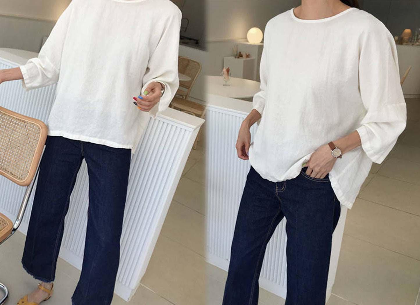 edoa Loose White French Linen T Shirt