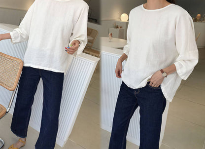 edoa Loose White French Linen T Shirt