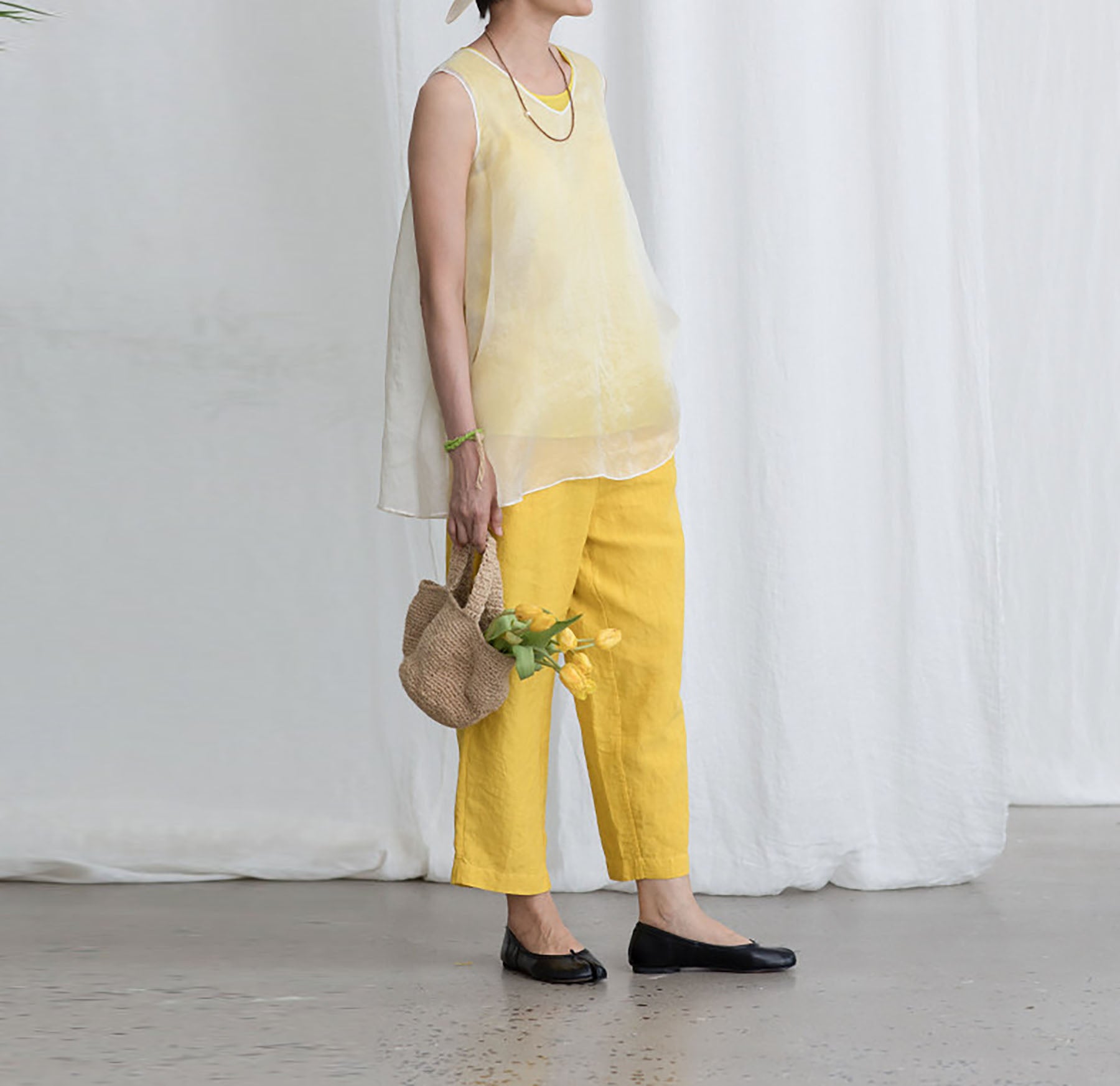 edoa White Mulberry Silk Organza Tank Top