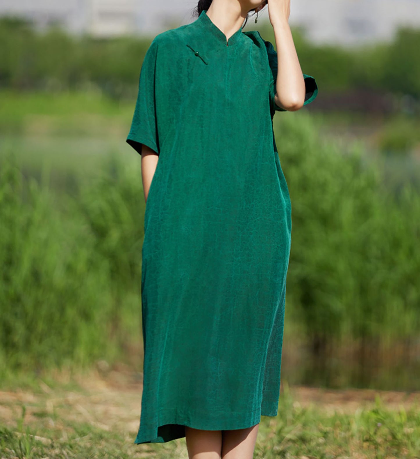 edoa Cracked Mud Silk Qipao Dress