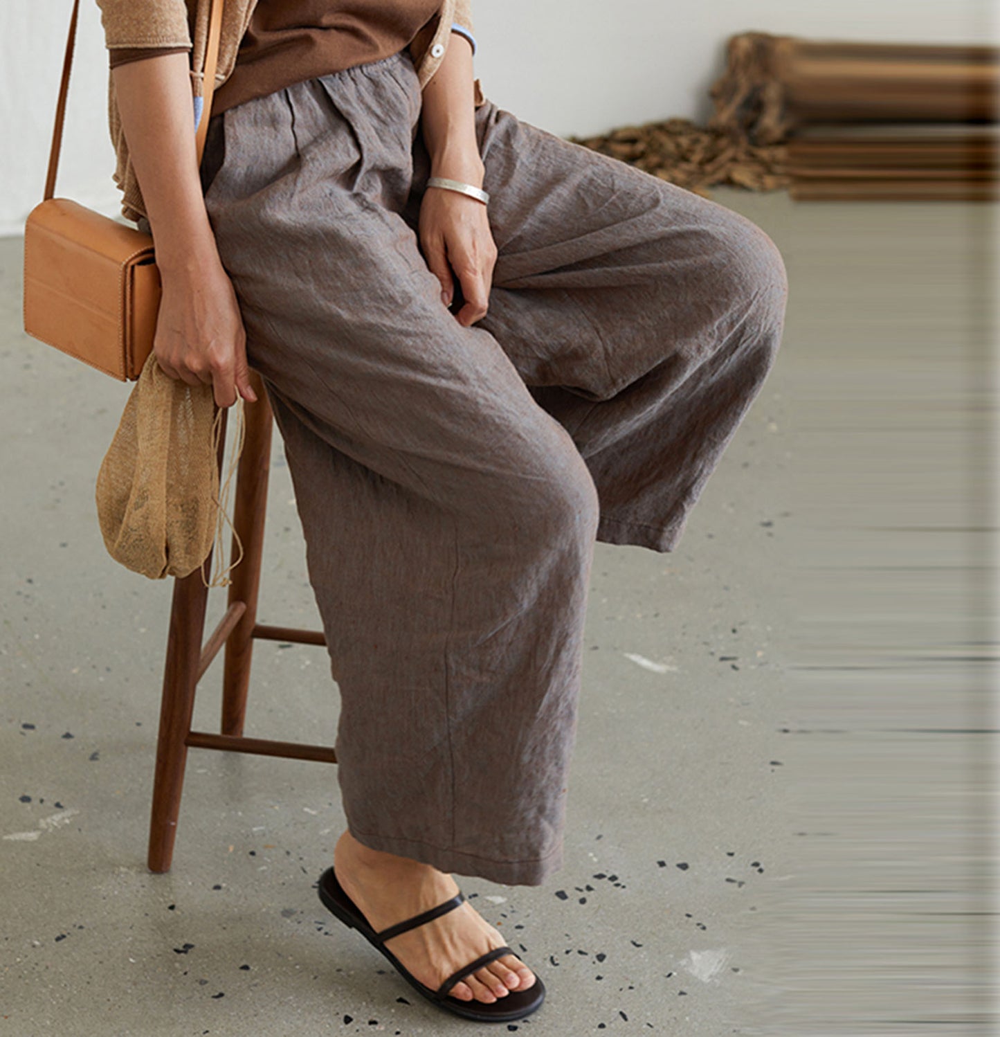 edoa Yarn Dyed Linen Wide-leg Pants
