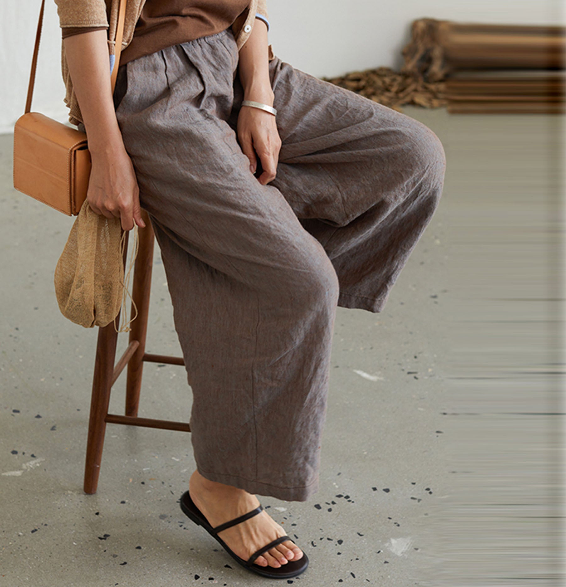edoa Yarn Dyed Linen Wide-leg Pants