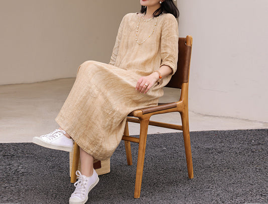 edoa Distressed Crinkled Linen A-line Dress with Hand Embroidery