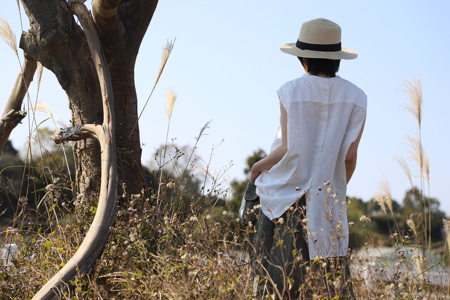 edoa White Oversized Linen Sleeveless Swing Top with Band Collar