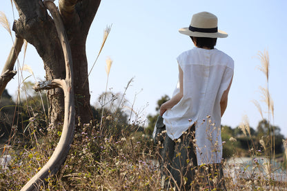 edoa White Oversized Linen Sleeveless Swing Top with Band Collar