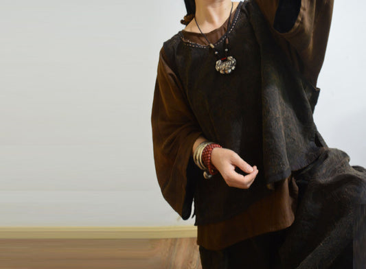 edoa Reversible Mud Silk Linen Blend Jacquard Boho Vest