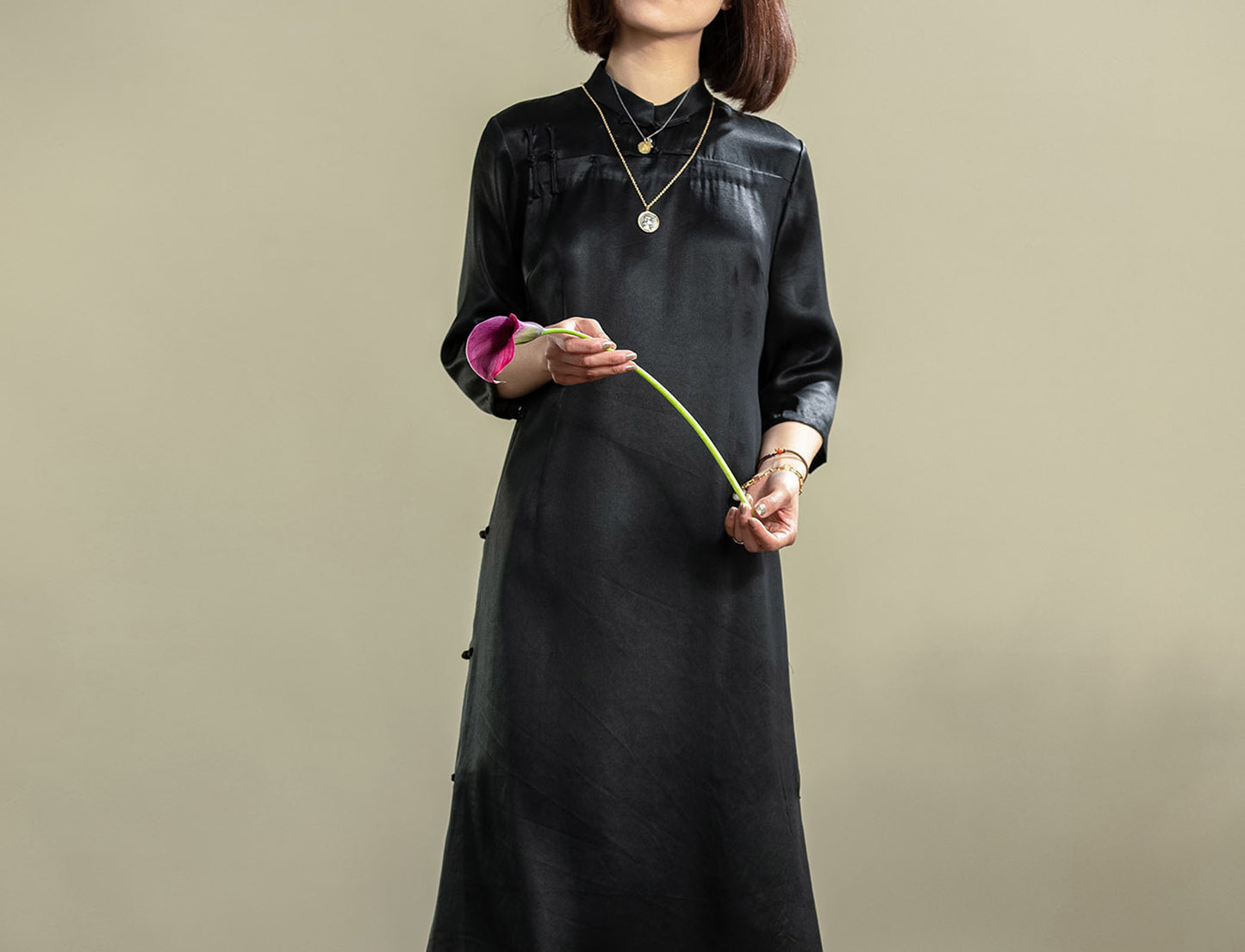edoa Vintage Mud Silk Satin Qipao Dress