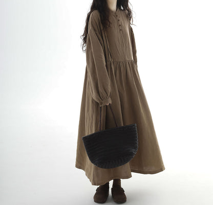 edoa Loose Brown Stone-washed Linen Dress