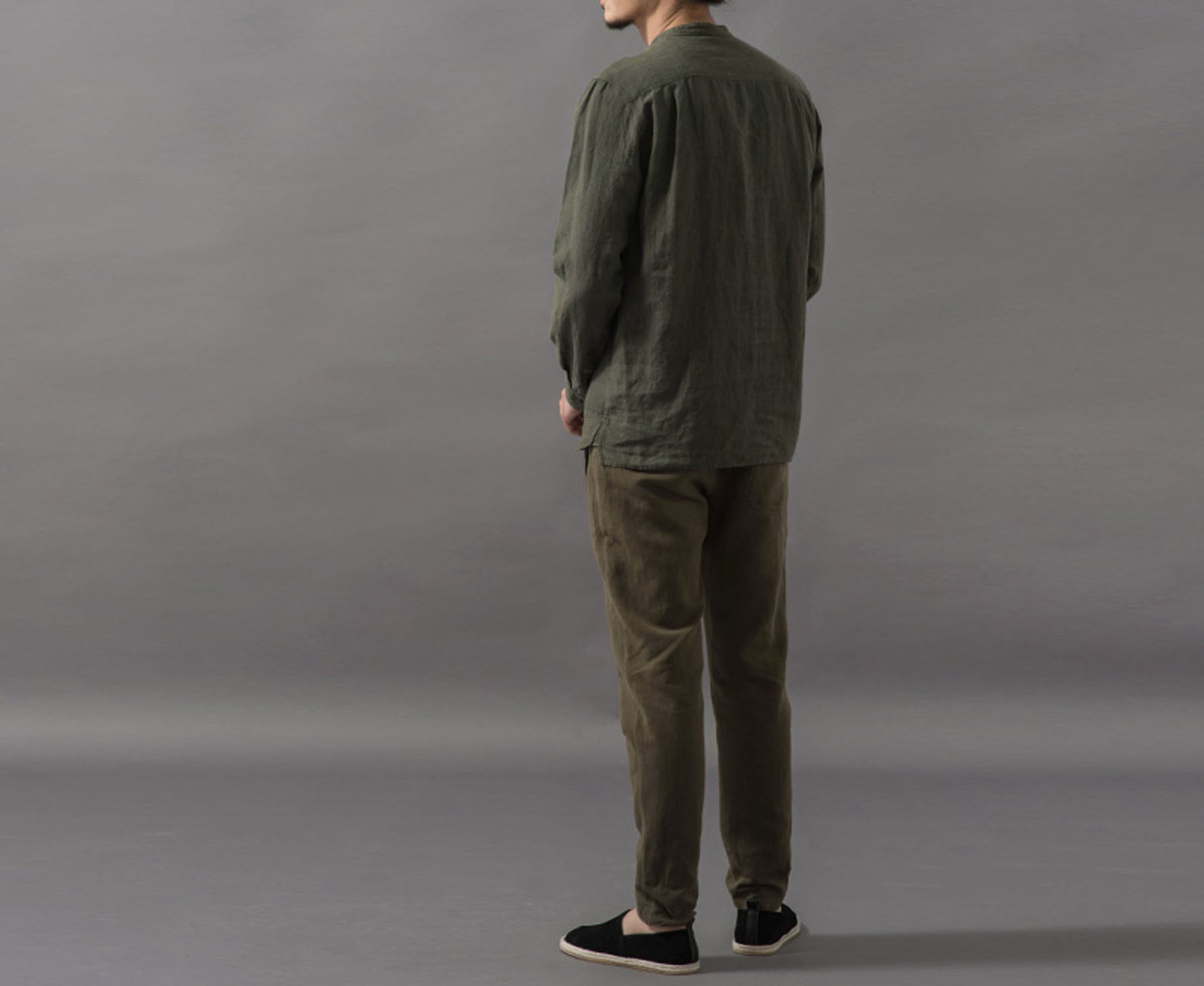edoa Stand Collar Moss Green Washed Linen Shirt 