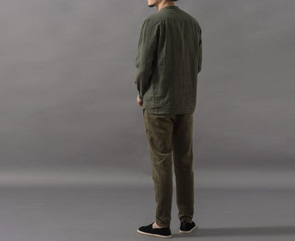 edoa Stand Collar Moss Green Washed Linen Shirt 