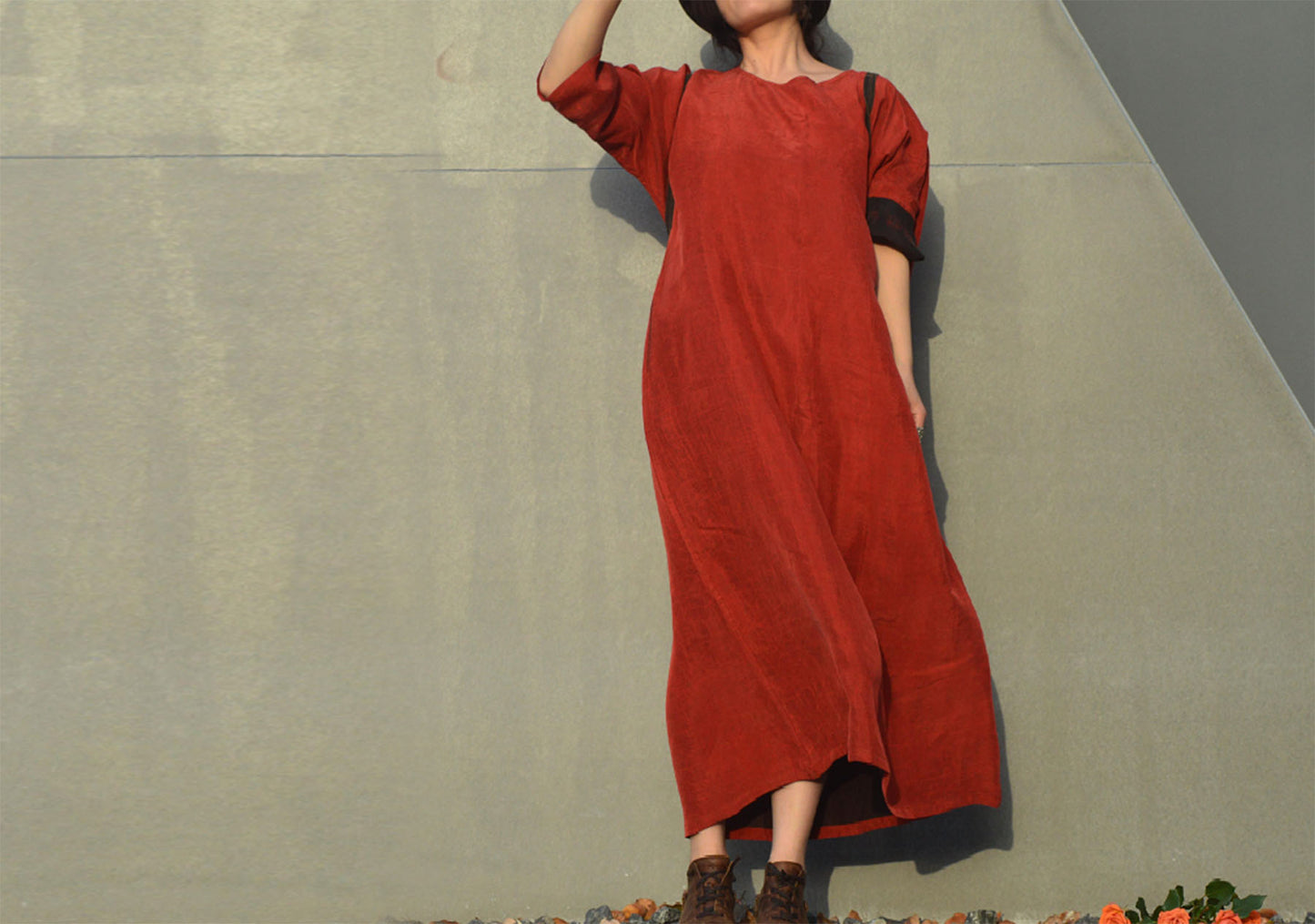 edoa Red Mud Silk A Line Dress