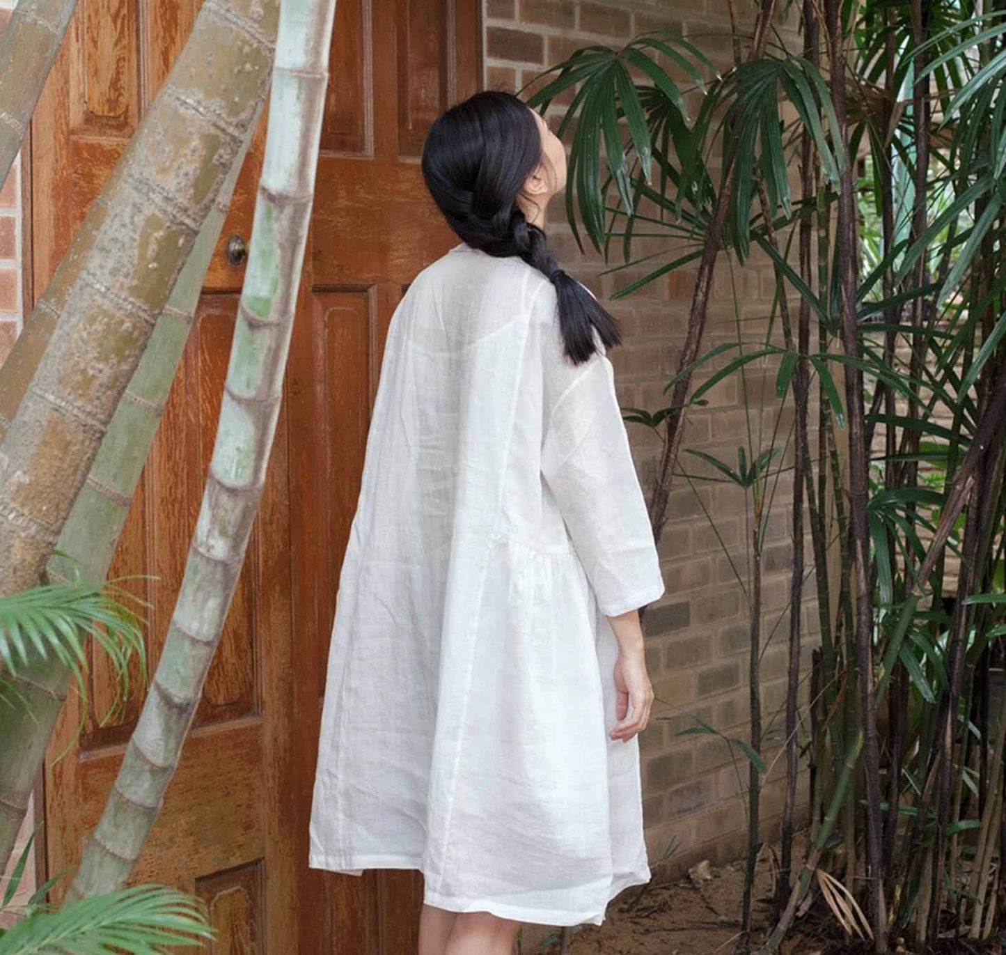 edoa White High Counted Ramie Button Down Dress
