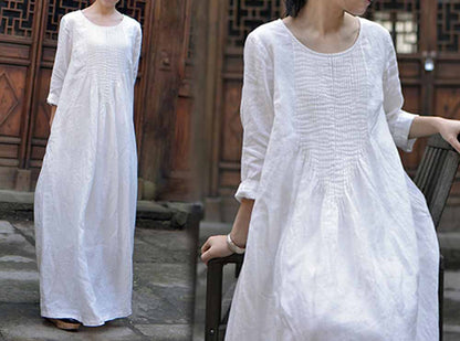 edoa Hand Pintucked Linen Floor-length Dress