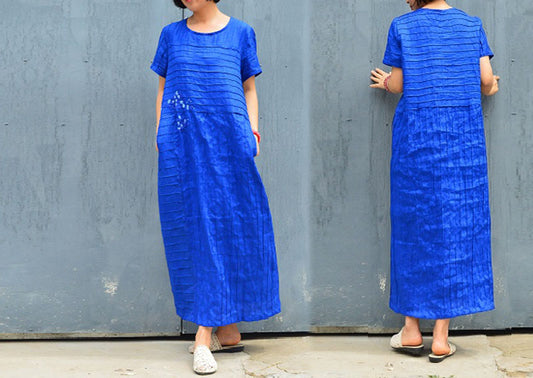 edoa Electric Blue Pintucked Allover Linen Dress