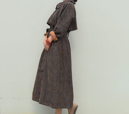 edoa Mud Tussah Silk Jacquard Peter Pan Collar Trench Coat 