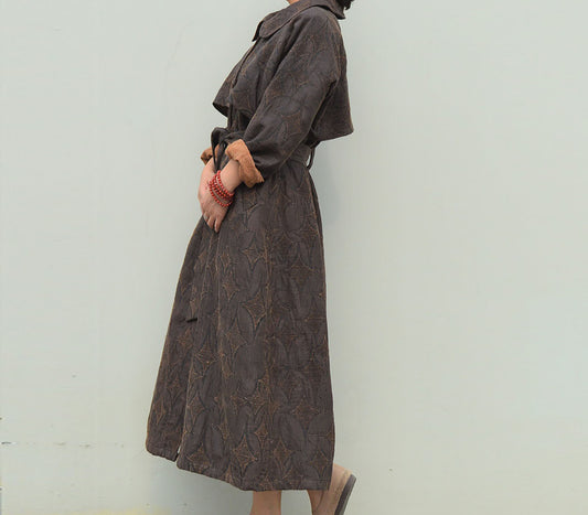 edoa Mud Tussah Silk Jacquard Peter Pan Collar Trench Coat 