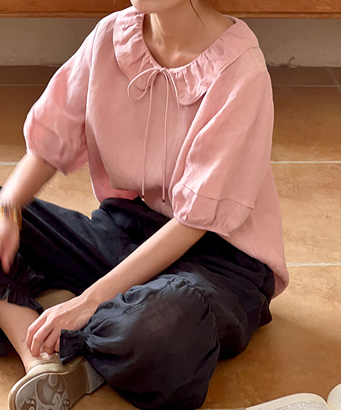 edoa Pink Linen Ruffle Blouse