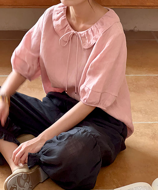 edoa Pink Linen Ruffle Blouse
