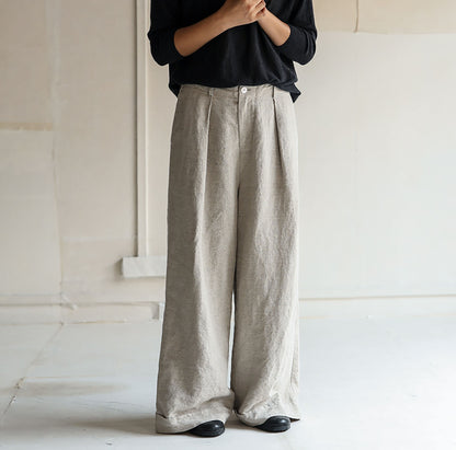 edoa Wide Leg Linen Pleated Pants with Detachable Apron 