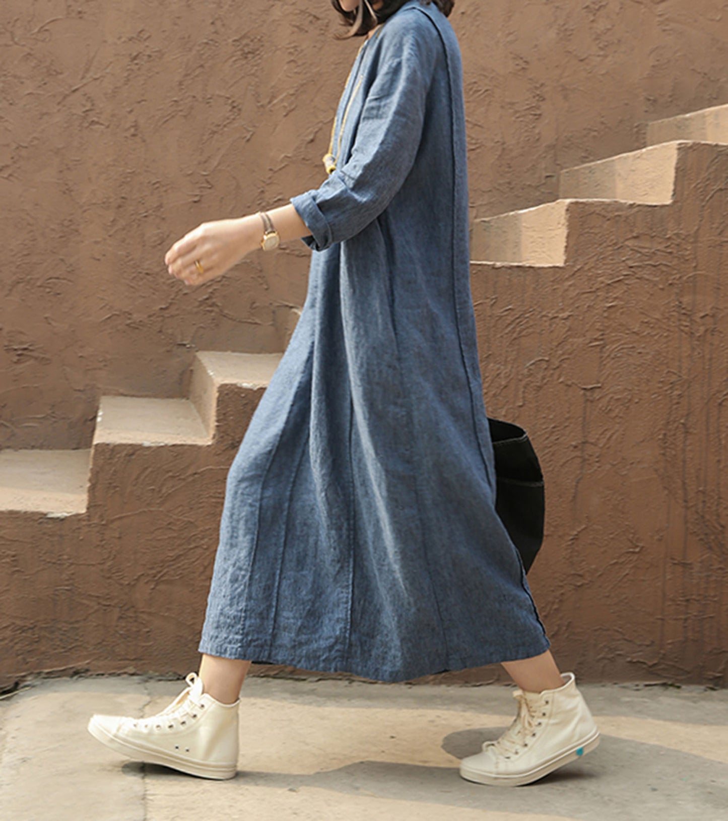 edoa Yarn Dyed Linen Dress with Pintucks 