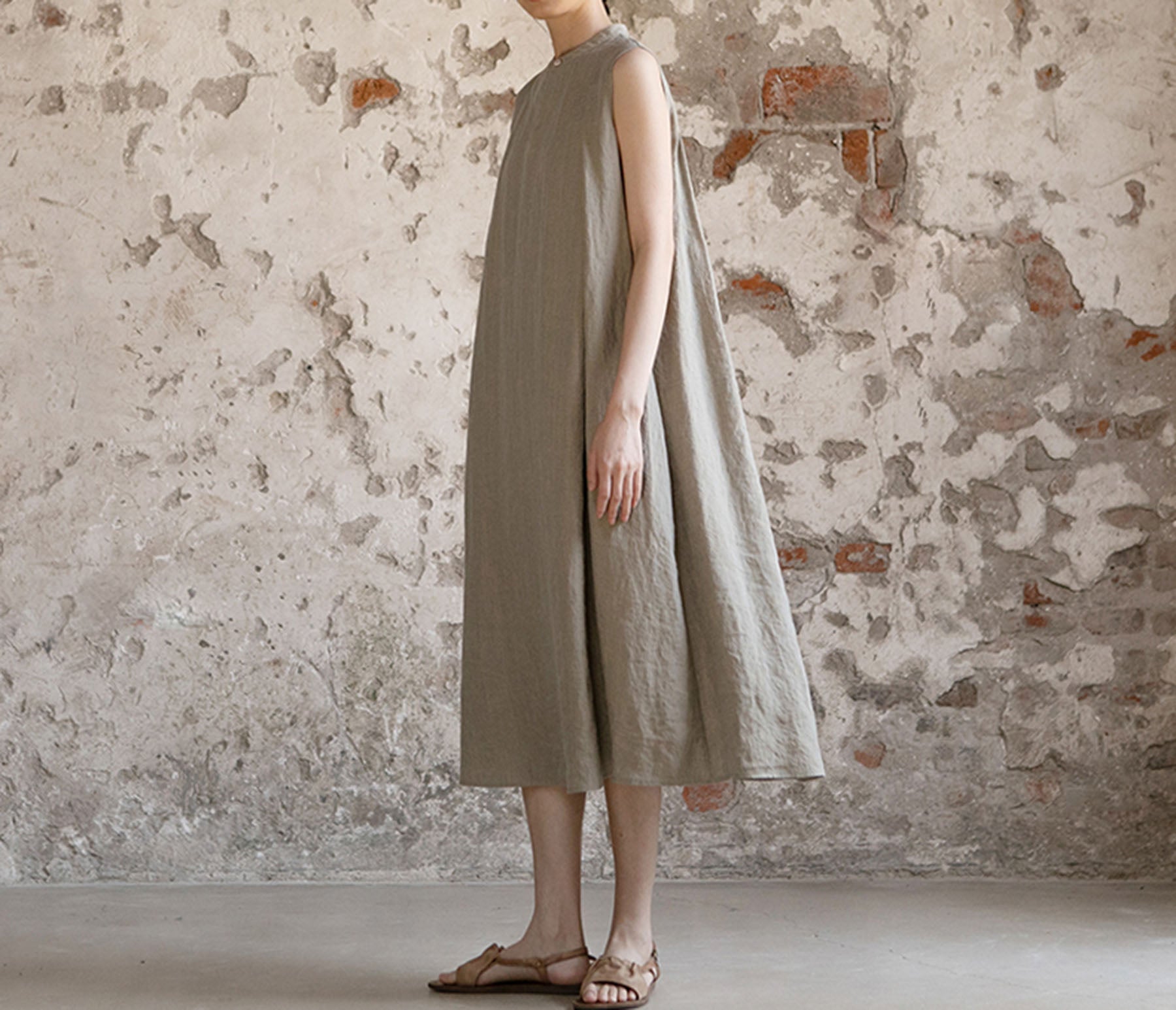 edoa Yarn Dyed Linen Sleeveless Pleated A-line Dress