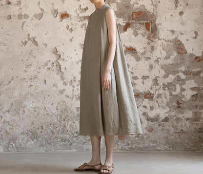 edoa Yarn Dyed Linen Sleeveless Pleated A-line Dress