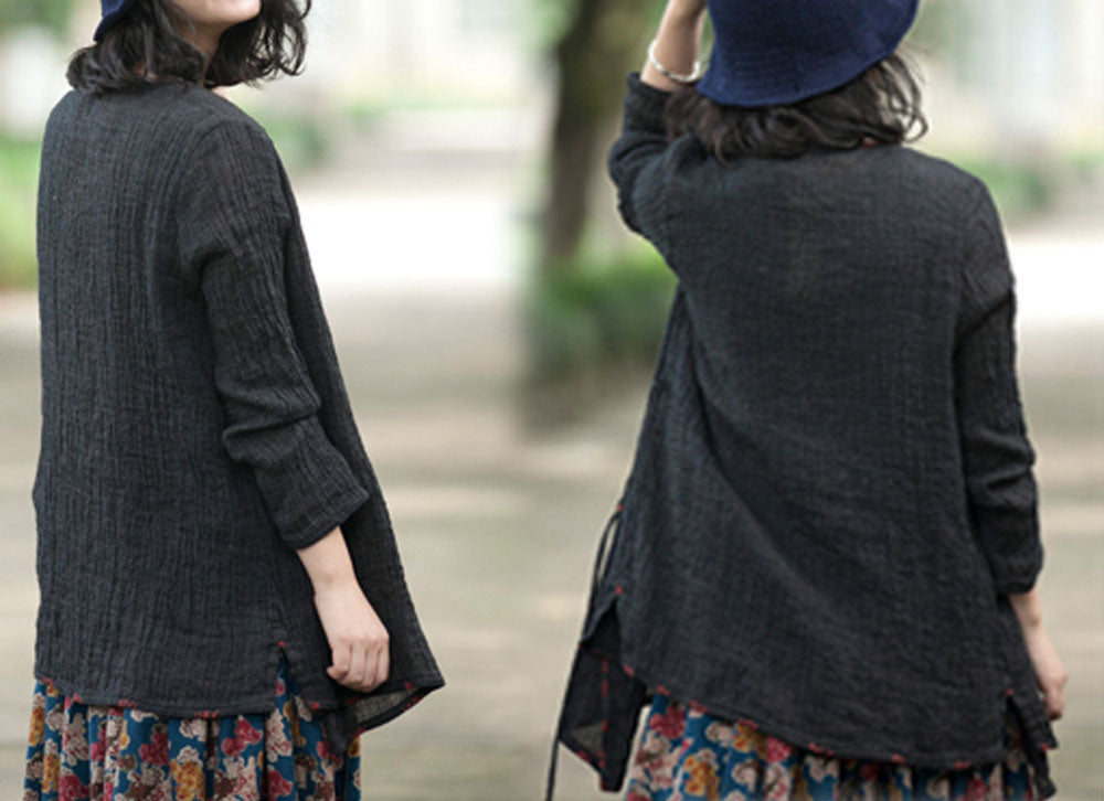 edoa Textured Linen Cardigan with Hand Embroidery
