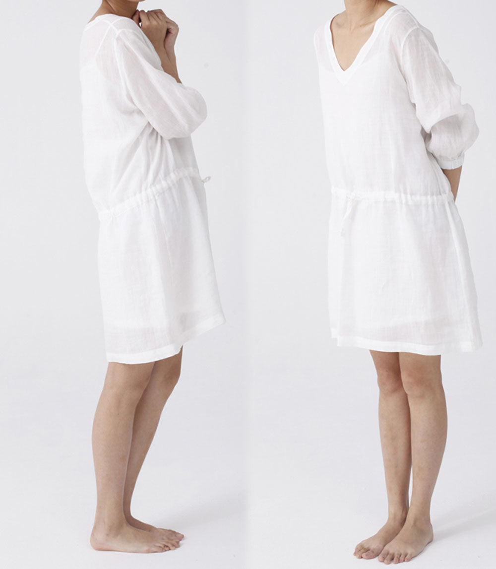 edoa Washed Ramie V-neck Bracelet Sleeve Dress 