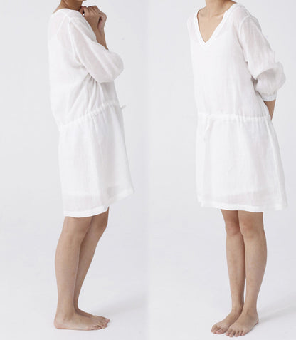 edoa Washed Ramie V-neck Bracelet Sleeve Dress 