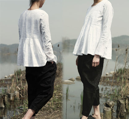 edoa Pintucked White Linen Blouse