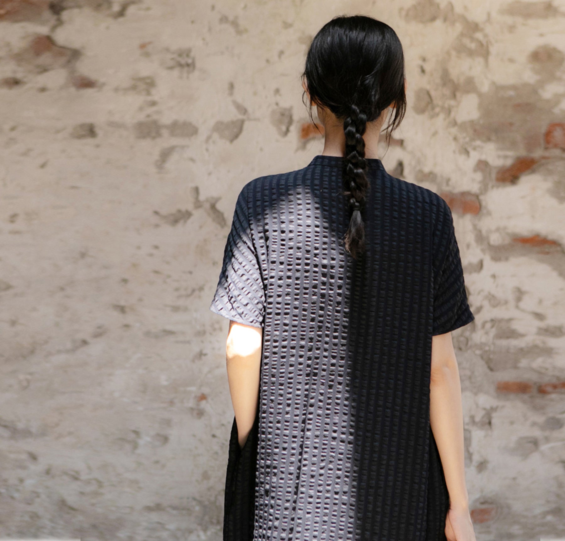 edoa Crinkled Stripe Linen Blend Qipao Dress