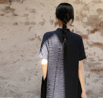 edoa Crinkled Stripe Linen Blend Qipao Dress