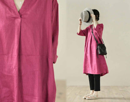 edoa V-neckline Linen Tunic Dress 