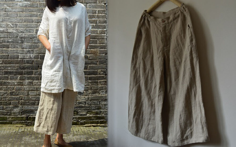 edoa Loose Fitting Linen Cropped Wide Leg Pants 