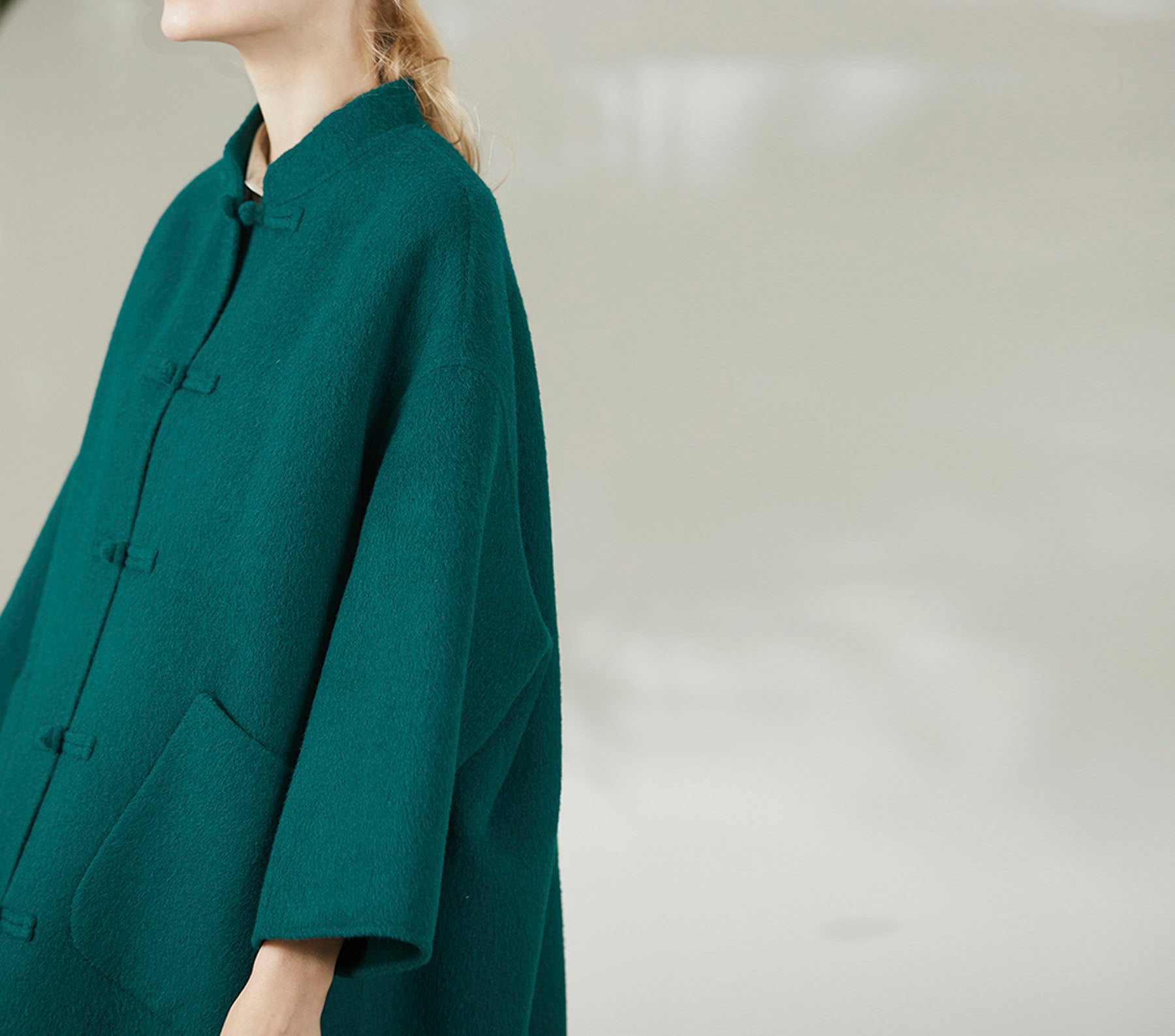 edoa Oversized Double-faced Wool Trapeze Chinese Coat 