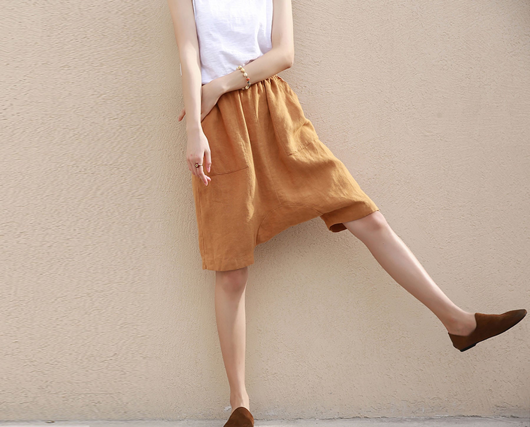 edoa Loose Drop Crotch Linen Harem Pants