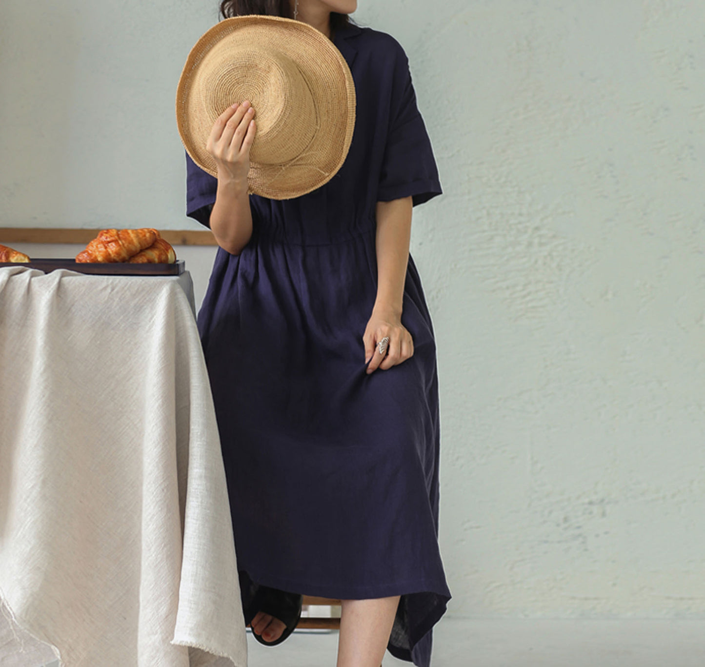 edoa Loose Linen Collar Dress 