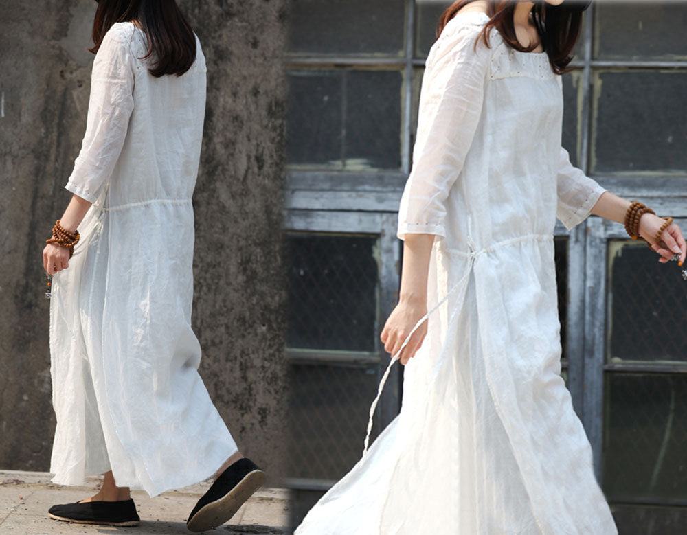 edoa Contrast Hand Stiched Detailed White Ramie Dress