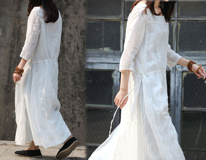 edoa Contrast Hand Stiched Detailed White Ramie Dress