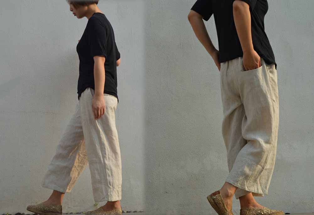 edoa Loose Fitting Linen Cropped Wide Leg Pants 