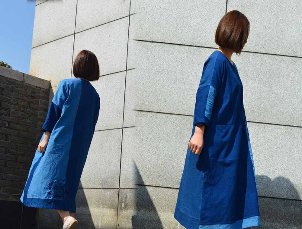 edoa Plant Dyed Patchwork Indigo Blue Cotton Dress