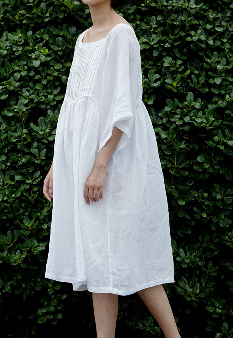 edoa White Ramie Pintucked Tunic Dress