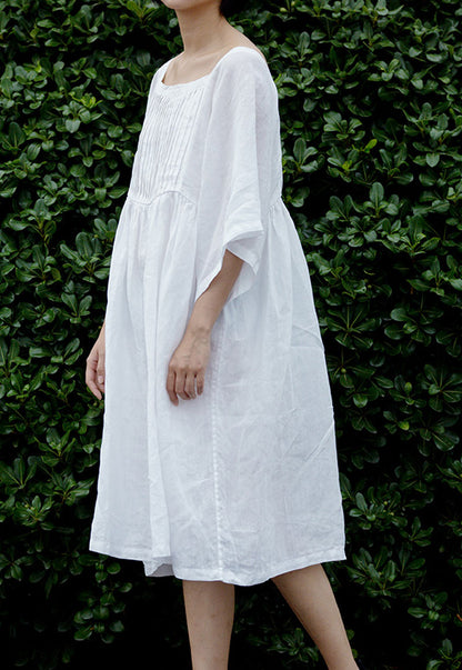 edoa White Ramie Pintucked Tunic Dress