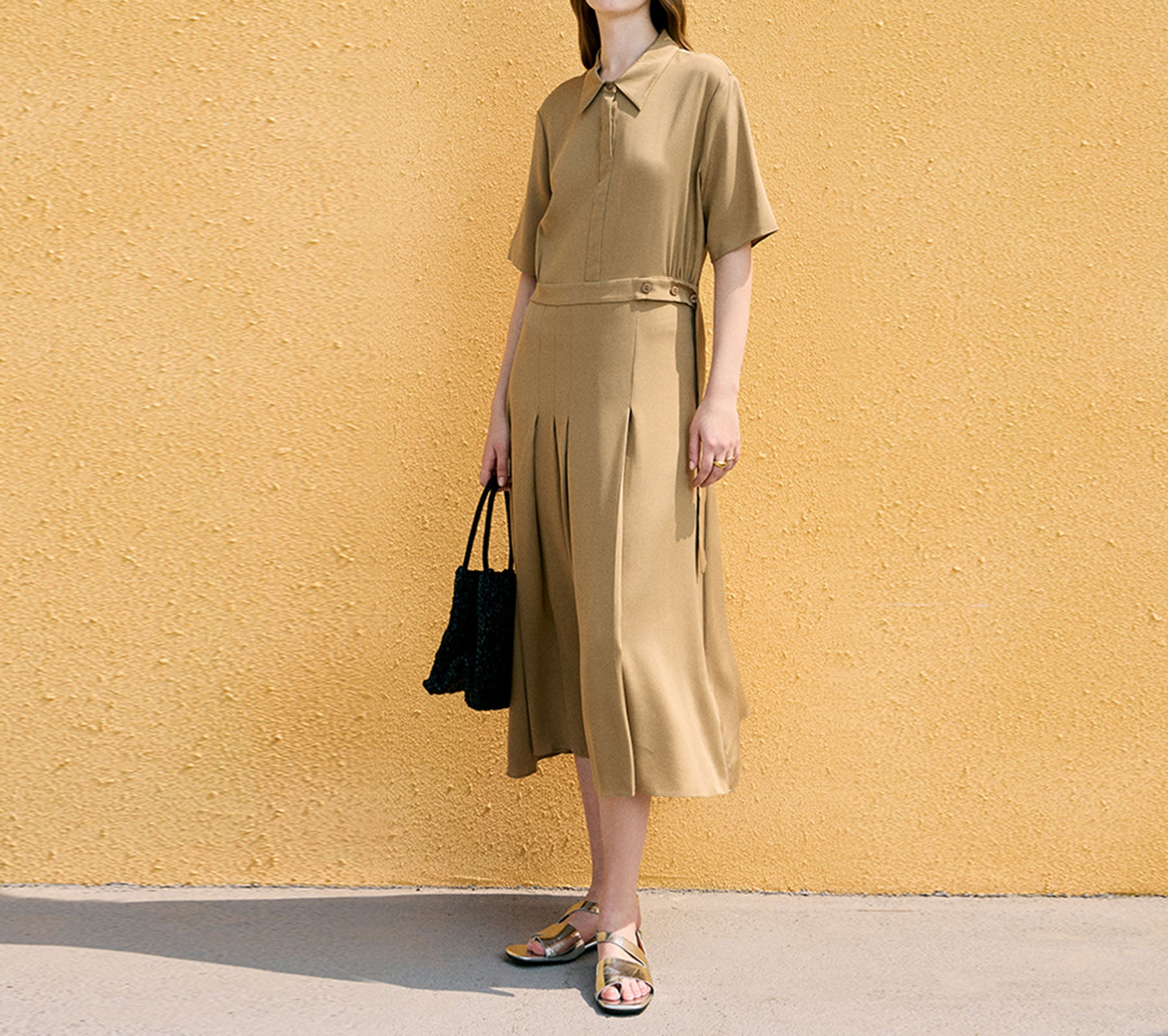 edoa Stretch Silk Crepe de Chine Pleated Dress