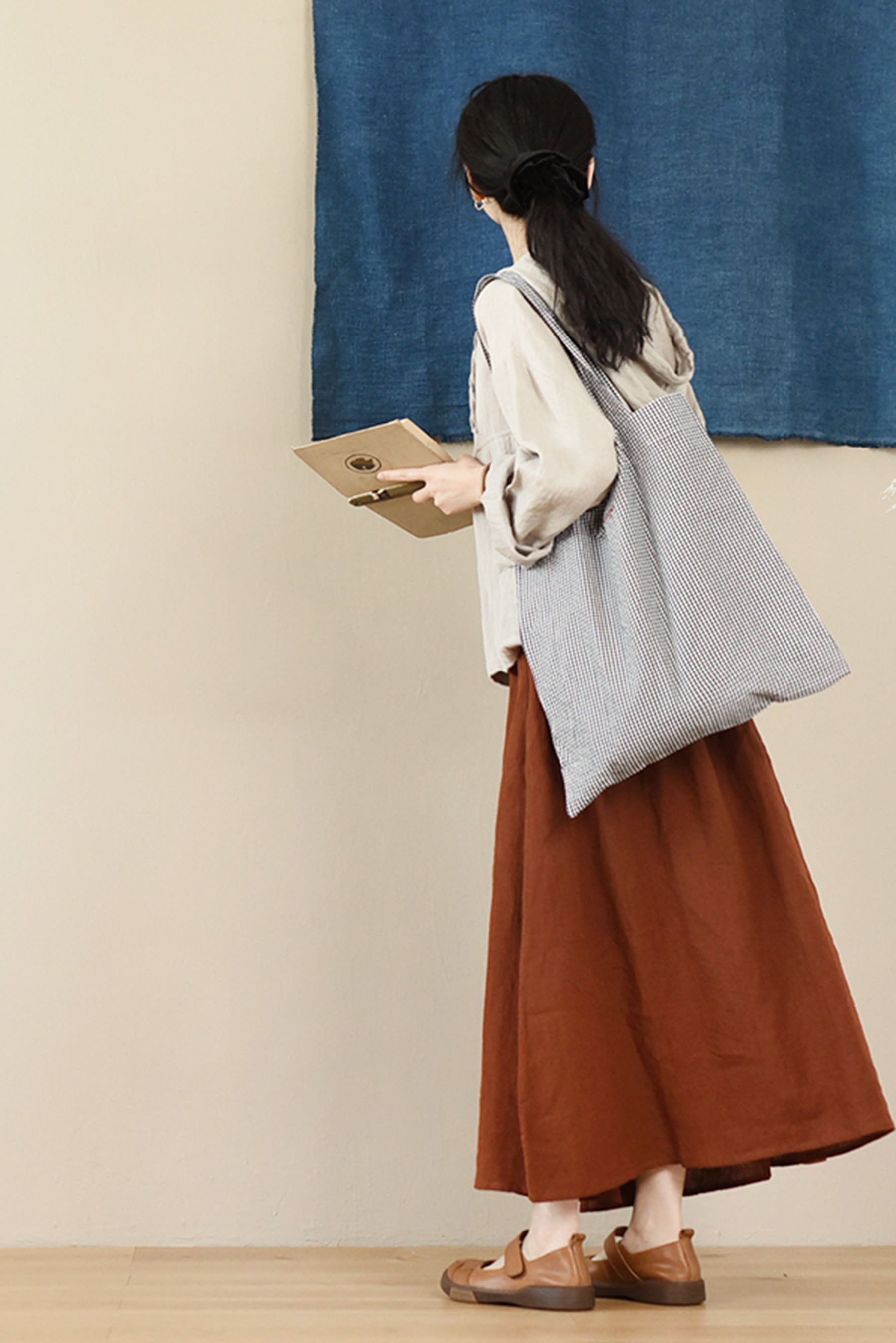 edoa Loose Washed Flax Linen Hooded Pullover 