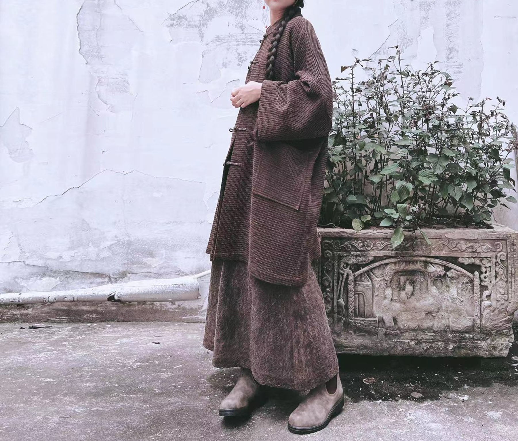 edoa Mud Tussah Silk Jacquard Chinese Coat