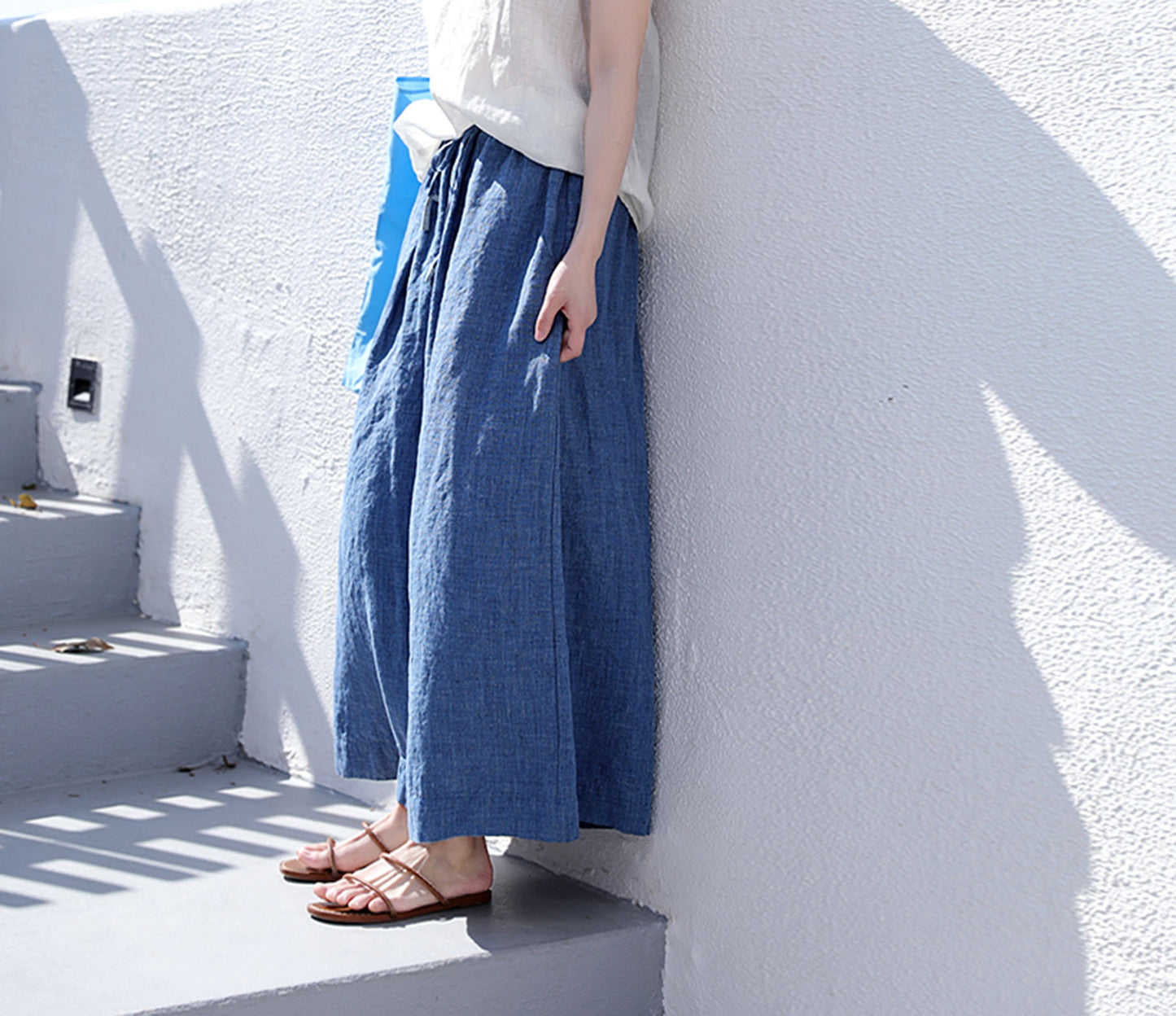 edoa Washed Yarn Dyed Linen Flared Palazzo Pants