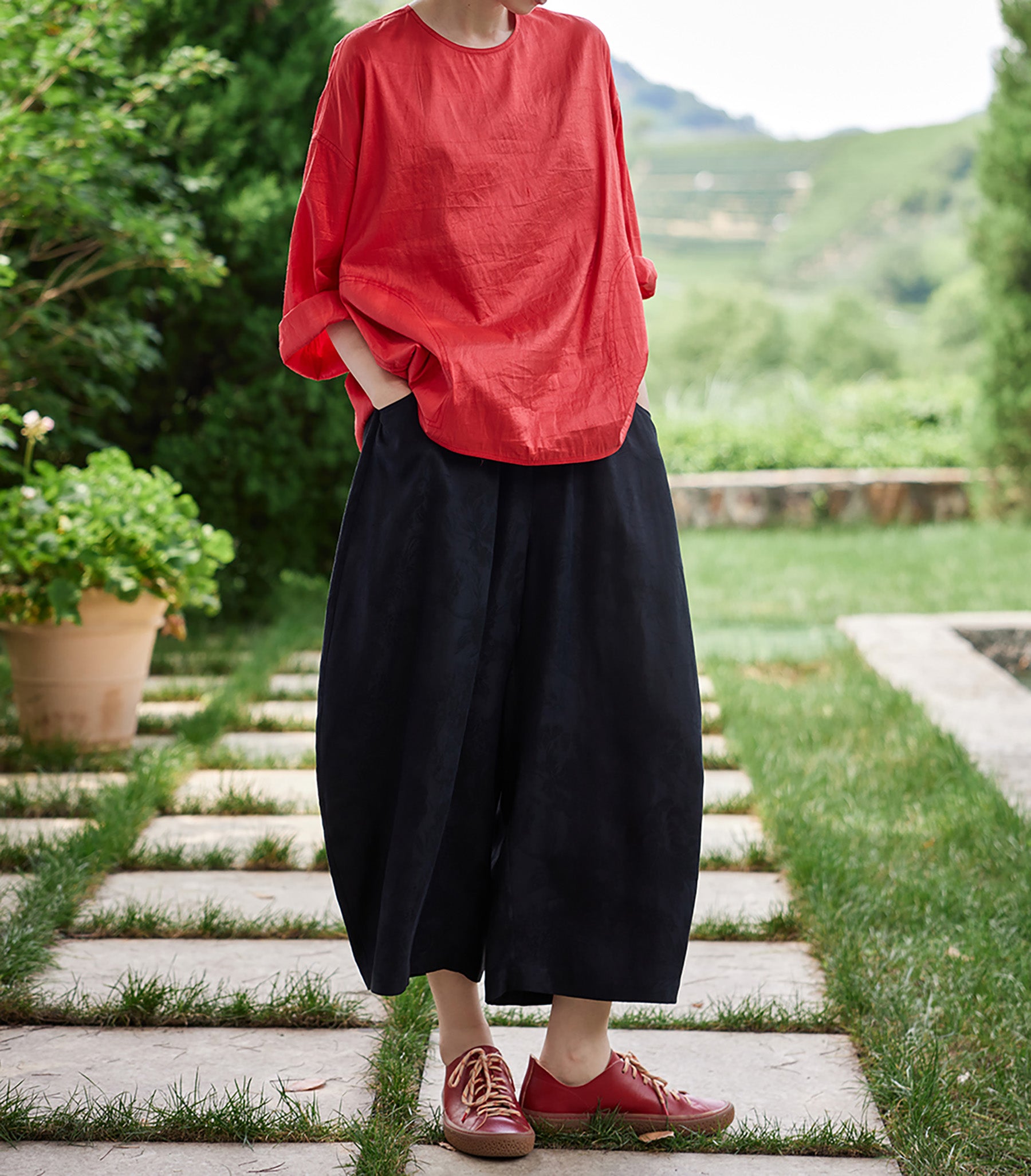 edoa Red Dupioni Silk Shirt 